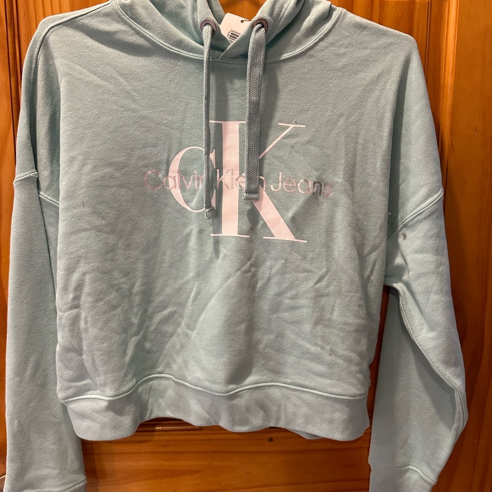 Calvin Klein Jeans Turquoise Hoodie/Sweater/Sweatshirt with Silver Brand Logo